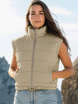 Bewakoof - Women's Beige Sleeveless Oversized Puffer Jacket