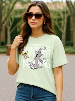 Bewakoof - Official Tom & Jerry Women's Green Sundays We Do Nothing Graphic Printed Boyfriend T-shirt