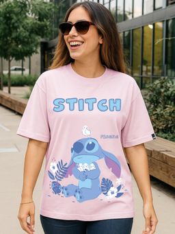 Bewakoof - Heavy Duty 1.0 Disney Women's Pink Fragile Stitch Graphic Printed Oversized T-shirt