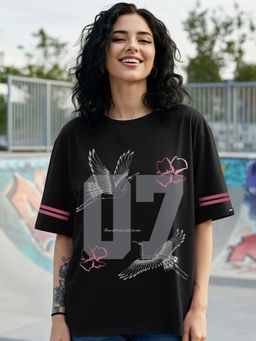Bewakoof - Women's Jet Black Cranewings Graphic Printed Oversized T-shirt