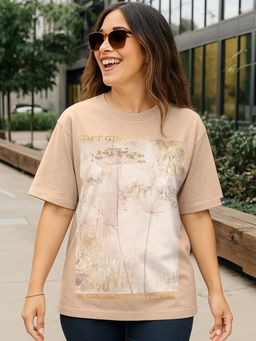Bewakoof - Heavy Duty 1.0 Women Brown Soft Girl Era Foil Printed Oversized T-shirt