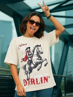 Bewakoof - Heavy Duty 1.0 Women Beige Darling Graphic Printed Oversized T-shirt