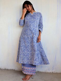 Chidiyaa - Yale Blue Printed Cotton Kurta (Set of 2)