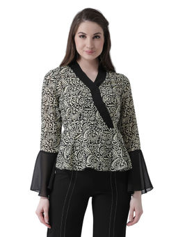 KASSUALLY - Black Print Wrap On Frilly Sleeves Peplum Top