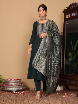 Varanga - Women Pure Silk Teal Hand Embroidered Kurta with Pants and Dupatta (Set of 3)