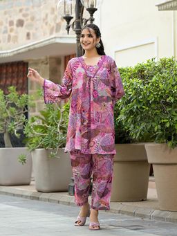 Varanga - Women Purple Abstract Printed Kurta Paired with Tonal Pants (Set of 2)
