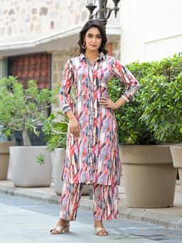 Varanga - Women Multi Colour Shirt Collar Side Slit Kurta Paired with Tonal Pants (Set of 2)