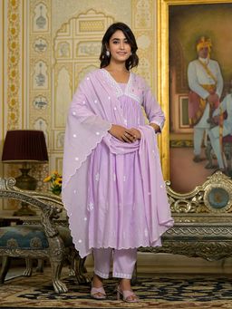 Varanga - Women Lavender Embroidered A-Line Empire Kurta with Pants and Dupatta (Set of 3)