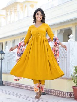 Varanga - Women Mustard Empire Gathered Details Anarkali Kurta with Pants and Dupatta (Set of 3)
