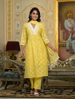 Varanga - Women Yellow V Neck Embroidered Kurta and Pants with Dupatta (Set of 3)