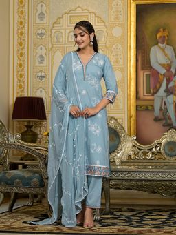 Varanga - Women Blue Chikankari Embroidered Kurta and Pants with Dupatta (Set of 3)