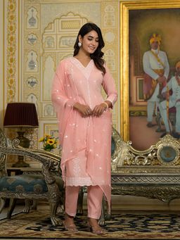 Varanga - Women Peach Heavy Thread Embroidered Kurta with Pants and Dupatta (Set of 3)