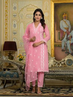 Varanga - Women Pink Heavy Thread Embroidered Kurta with Pants and Dupatta (Set of 3)