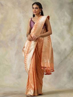 WeaverStory - Peach Handloom Banarasi Saree With All Over Leaf Booti Design With Unstitched Blouse