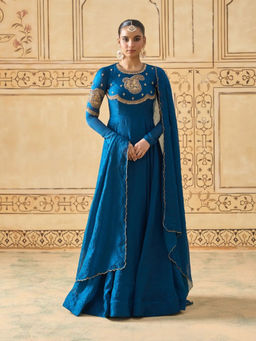 Fiorebymalar - Navy Blue Silk Embellished/Sequined Maxi Dress with Dupatta
