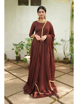 Fiorebymalar - Brown Georgette Solid/Plain Maxi Dress with Dupatta