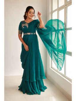 Fiorebymalar - Teal Silk Embellished/Sequined Maxi Drape Dress with Belt