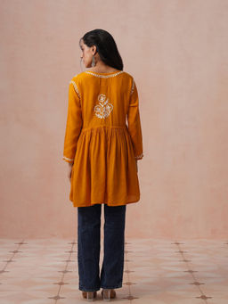 House of Chikankari - HOC Women Mustard Modal Chikankari Short Angrakha Kurti