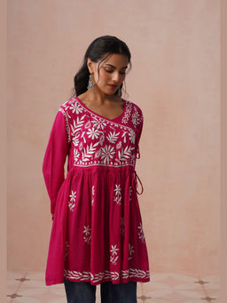 House of Chikankari - HOC Women Pink Modal Chikankari Short Angrakha Kurti