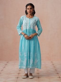 House of Chikankari - HOC Blue Mulmul Chikankari Printed Women's Long Gown