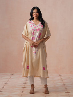 House of Chikankari - HOC Crepe Aari Embroidered Solid Women's Beige Long Kaftan