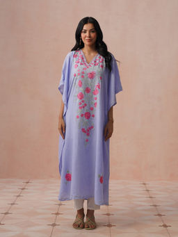 House of Chikankari - HOC Crepe Aari Embroidered Solid Women's Blue Long Kaftan