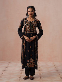 House of Chikankari - HOC Women Black Rayon Chikankari Kurta