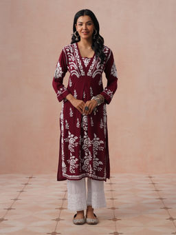House of Chikankari - HOC Women Maroon Modal Chikankari Kurta