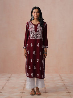 House of Chikankari - HOC Women Maroon Modal Chikankari Kurta