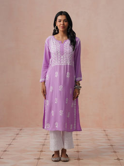 House of Chikankari - HOC Women Lavender Modal Chikankari Kurta