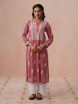 House of Chikankari - HOC Women Dust Pink Modal Chikankari Kurta