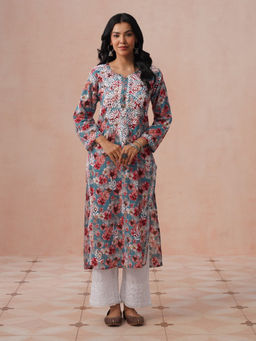 House of Chikankari - HOC Women Teal Mulmul Chikankari Kurta