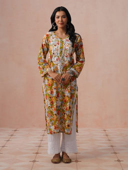 House of Chikankari - HOC Women Green Mulmul Chikankari Kurta