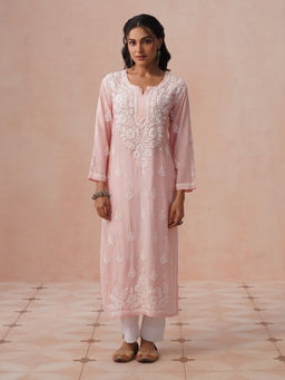 House of Chikankari - HOC Women Peach Muslin Chikankari Kurta