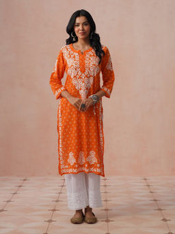 House of Chikankari - HOC Cotton Chikankari Printed Straight Women's Orange Long Kurta