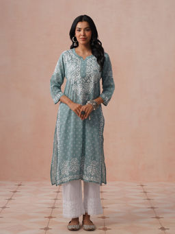 House of Chikankari - HOC Cotton Chikankari Printed Straight Women's Green Long Kurta