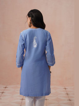 House of Chikankari - HOC Women Blue Cotton Chambray Chikankari Short Kurti