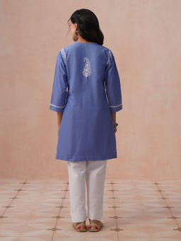 House of Chikankari - HOC Women Blue Cotton Chambray Chikankari Short Kurti