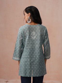 House of Chikankari - HOC Cotton Chikankari Printed Straight Women's Green Short Kurti