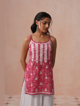 House of Chikankari - HOC Mulmul Chikankari Printed Women's Pink Short Kurti