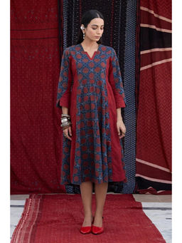 Okhai - Crimson Flow Cotton Ajrakh Red Midi Dress