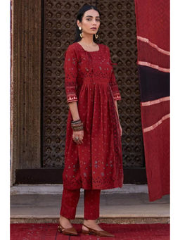 Okhai - Knotline Cotton Ajrakh Red Kurta With Pant