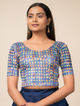 BINDIGASM'S ADVI - Women Blue Dunki Print Velvet Zari Stripes Stretchable Pull On Blouse