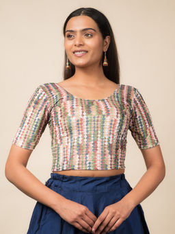 BINDIGASM'S ADVI - Women Green Dunki Print Velvet Zari Stripes Stretchable Pull On Blouse