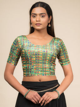 BINDIGASM'S ADVI - Women Green Dunki Print Velvet Zari Stripes Stretchable Pull On Blouse
