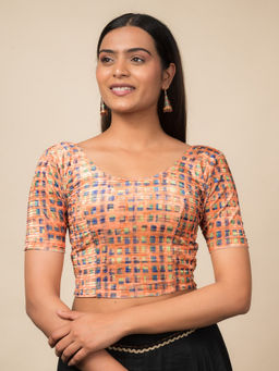 BINDIGASM'S ADVI - Women Peach Dunki Print Velvet Zari Stripes Stretchable Pull On Blouse