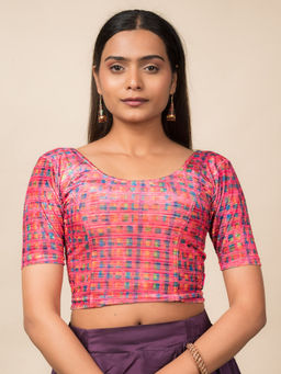 BINDIGASM'S ADVI - Women Pink Dunki Print Velvet Zari Stripes Stretchable Pull On Blouse