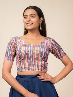 BINDIGASM'S ADVI - Women Purple Dunki Print Velvet Zari Stripes Stretchable Pull On Blouse