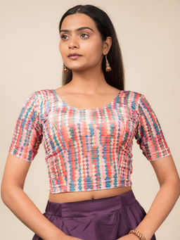 BINDIGASM'S ADVI - Women Red Dunki Print Velvet Zari Stripes Stretchable Pull On Blouse