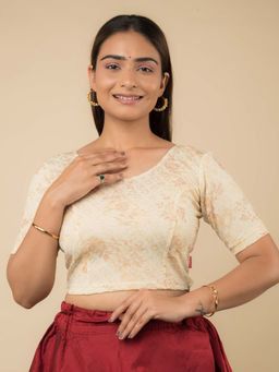 BINDIGASM'S ADVI - Women Gold Isha Ivory Floral Metallic Print Stretchable Pull On Blouse